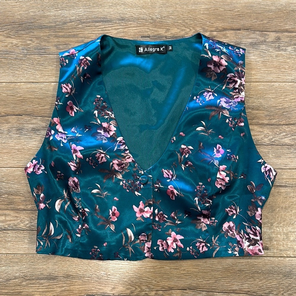 Allegra K Women's Floral Green Vest Size Medium